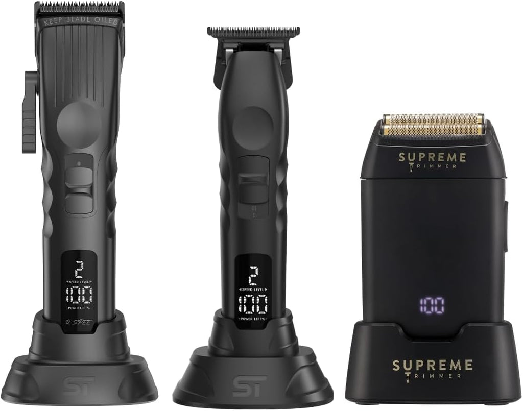 Supreme Trimmer 3-in-1 Barber Bundle | 2Spee Clipper, 2Spee Trimmer & Crunch Foil Shaver | Professional Beard Trimmer Men’s Hair Clipper Kit | (Black)