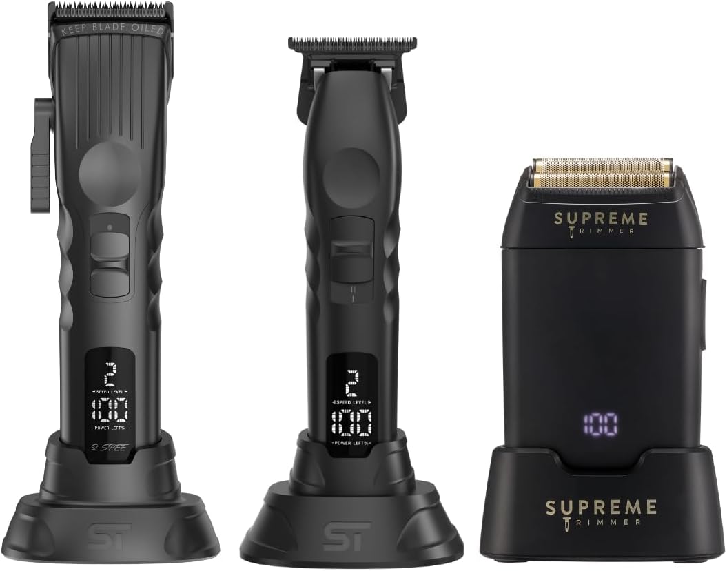 Supreme Trimmer 3-in-1 Barber Bundle | 2Spee Clipper, 2Spee Trimmer & Crunch Foil Shaver | Professional Beard Trimmer Men’s Hair Clipper Kit | (Black)