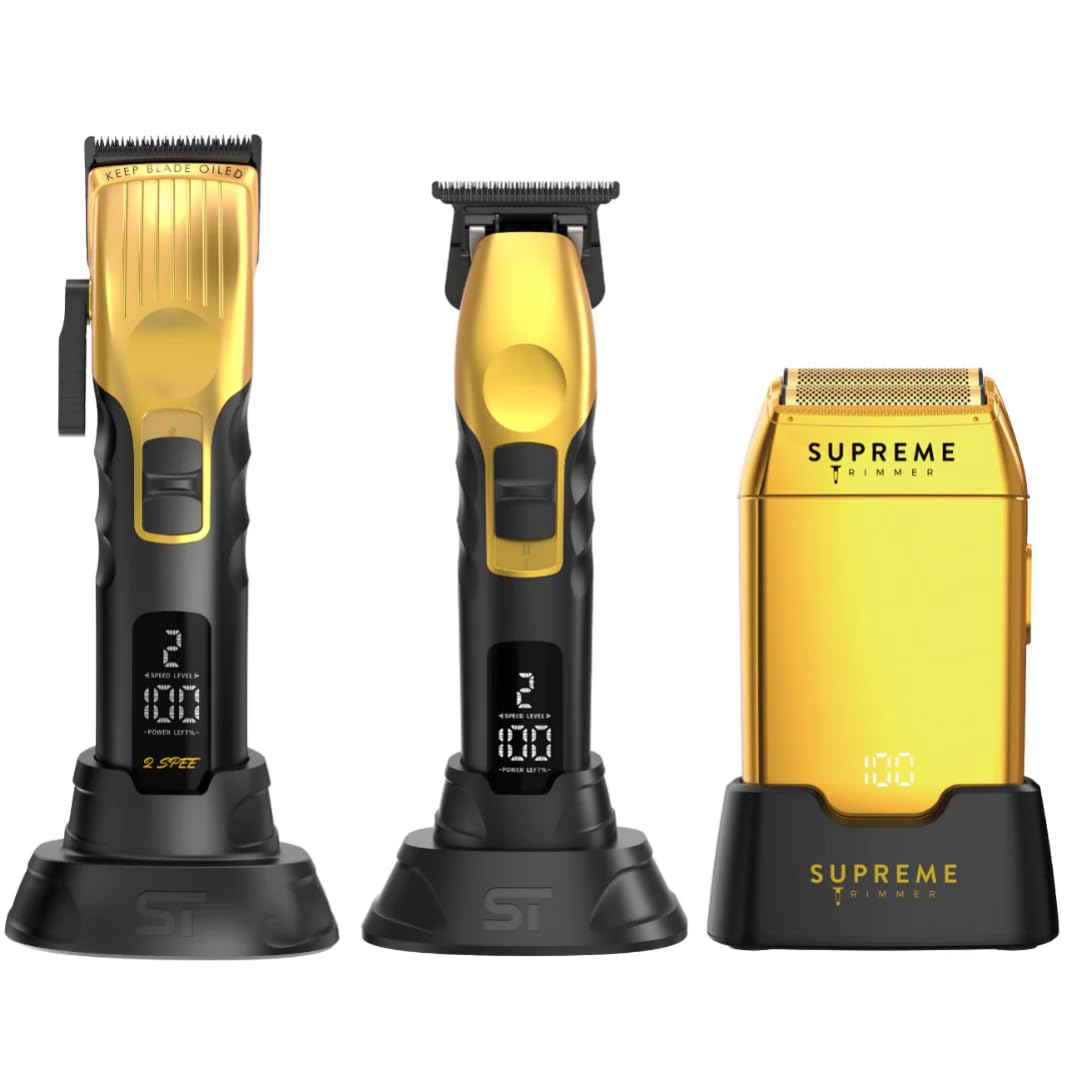 Supreme Trimmer 3-in-1 Barber Bundle | 2Spee Clipper, 2Spee Trimmer & Crunch Foil Shaver | Professional Beard Trimmer Men’s Hair Clipper Kit | (Black)