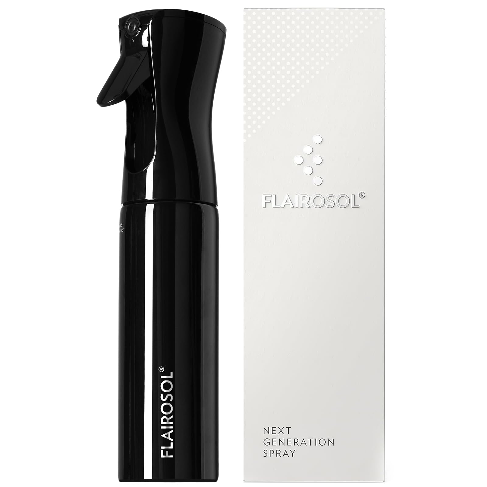 FLAIROSOL - The Original, Spray Bottle for Hair, Plants & More, Continuous Mister, Ultra Fine Water Mist, 10.1oz/300ml, Clear Bottle - Black Print