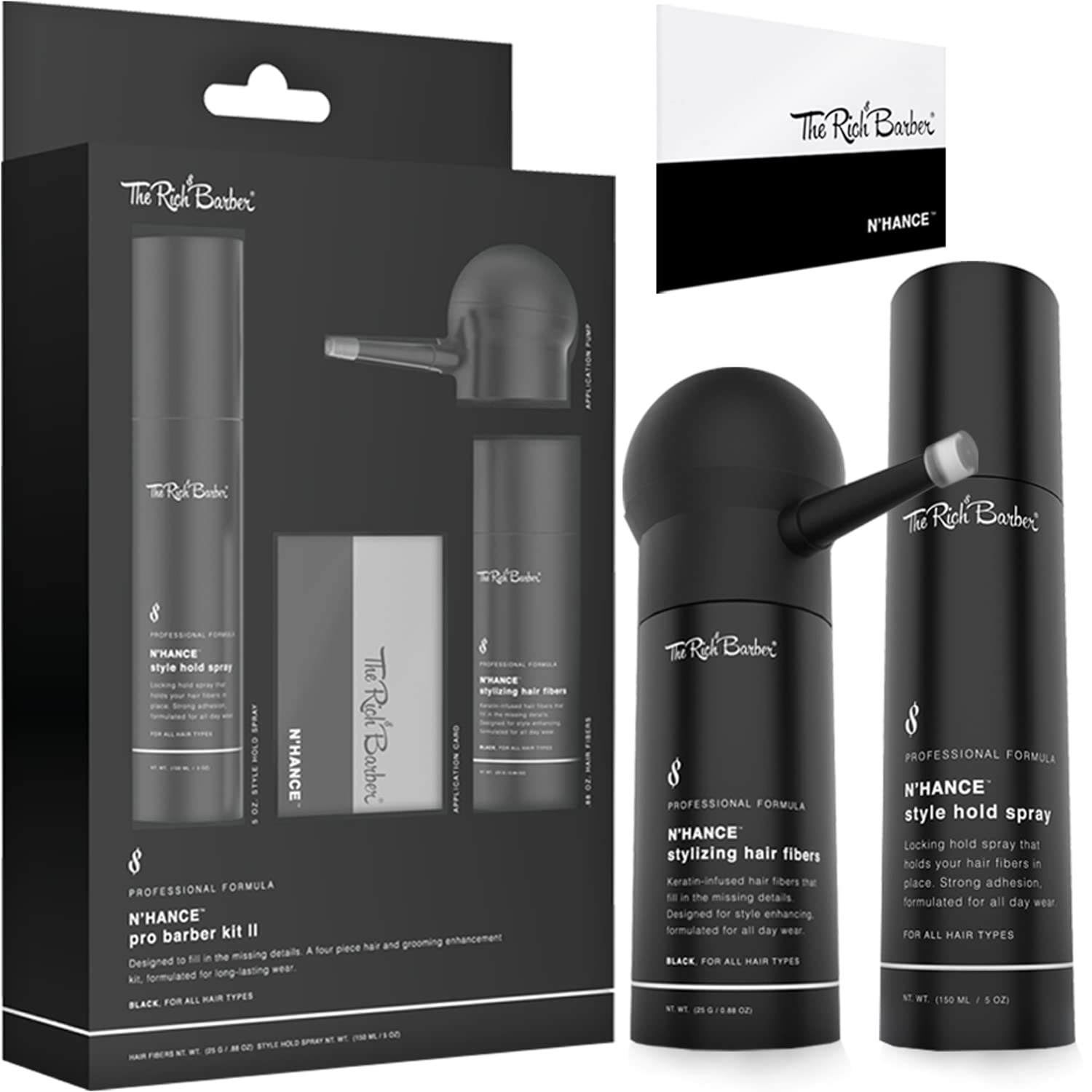 The Rich Barber N'Hance Pro Barber Kit I - Professional 3-in-1 Hair & Beard Styling Set - Keratin-Infused Hair Building Fibers, Applicator Pump, Application Card - Hairline Enhancer & Volumizing Spray