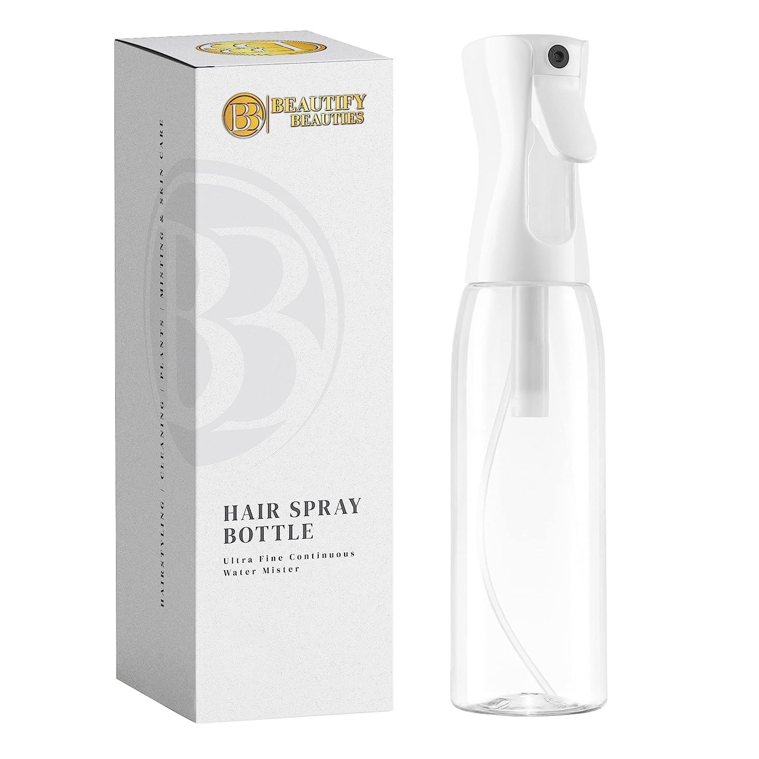 BeautifyBeauties Spray Bottle For Hair – Continuous Mister Spray Bottle for Hairstyling, Cleaning, Plants, Pets, Barbers, Salons, Essential Oil Scents (10.1 Ounce)