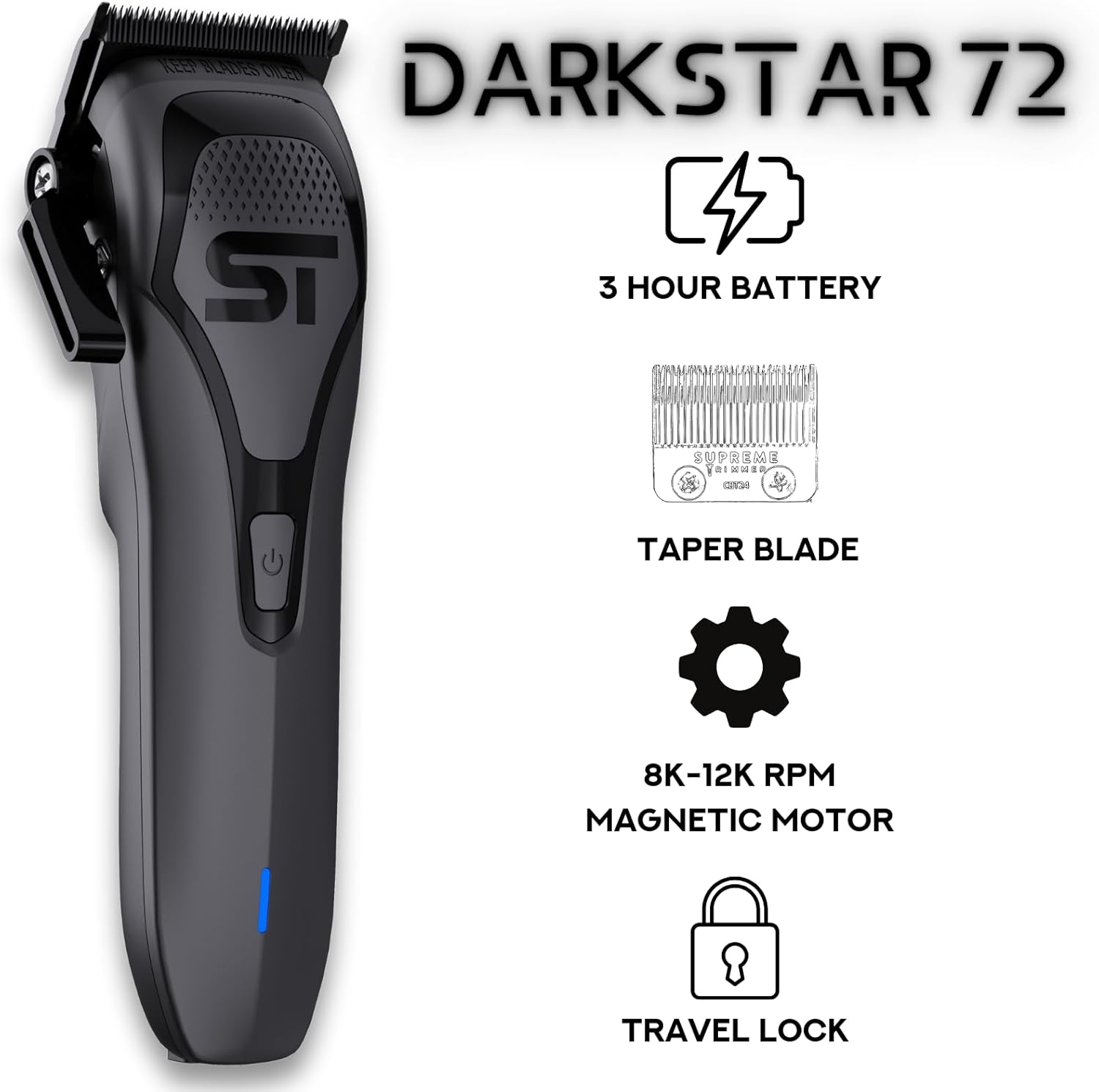 Supreme Trimmer Darkstar 72 Clipper with Magnetic Vector Motor | 180 Min Run Time, 9000 RPM Barber Hair Clipper | Low Noise, Professional Clipper DLC Blades | STC72