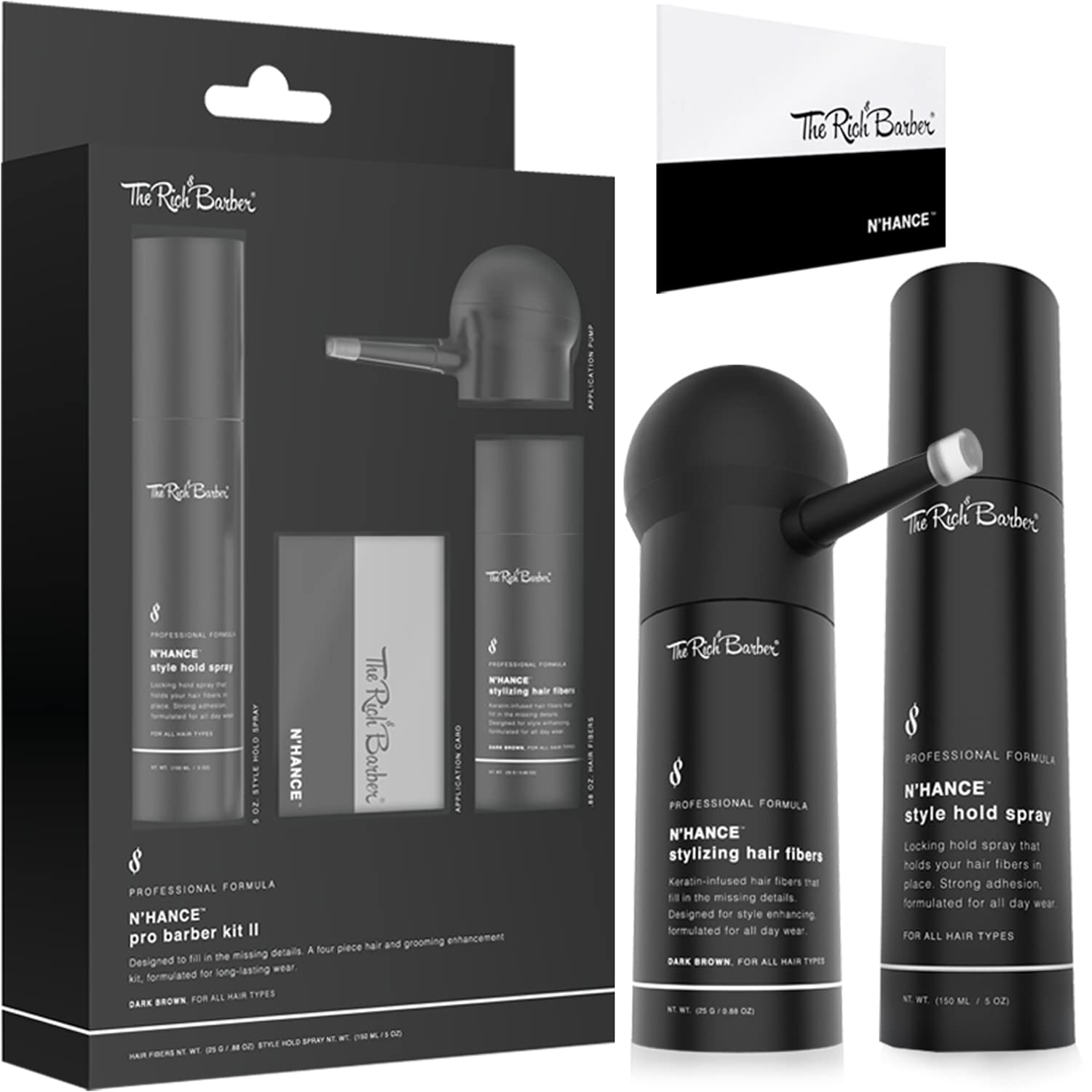 The Rich Barber N'Hance Pro Barber Kit I - Professional 3-in-1 Hair & Beard Styling Set - Keratin-Infused Hair Building Fibers, Applicator Pump, Application Card - Hairline Enhancer & Volumizing Spray