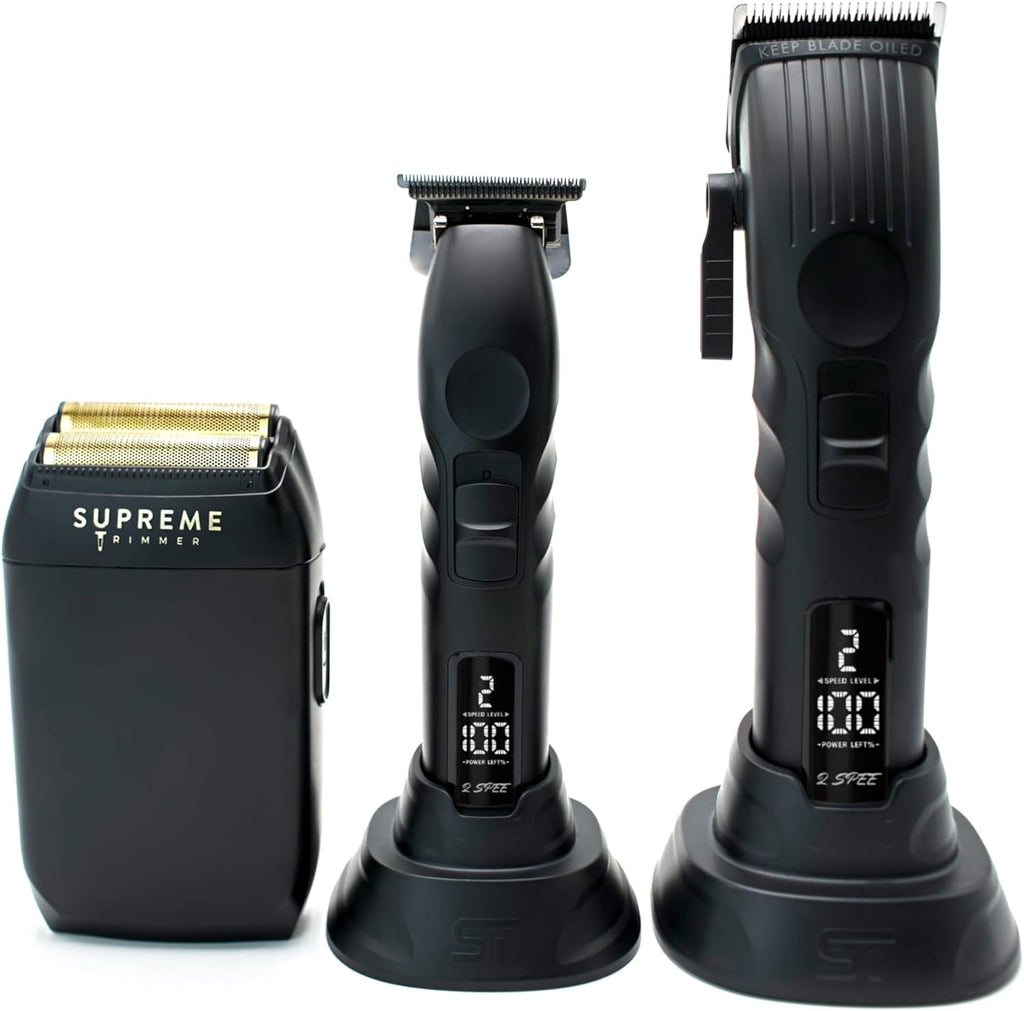 Supreme Trimmer 3-in-1 Barber Bundle | 2Spee Clipper, 2Spee Trimmer & Crunch Foil Shaver | Professional Beard Trimmer Men’s Hair Clipper Kit | (Black)