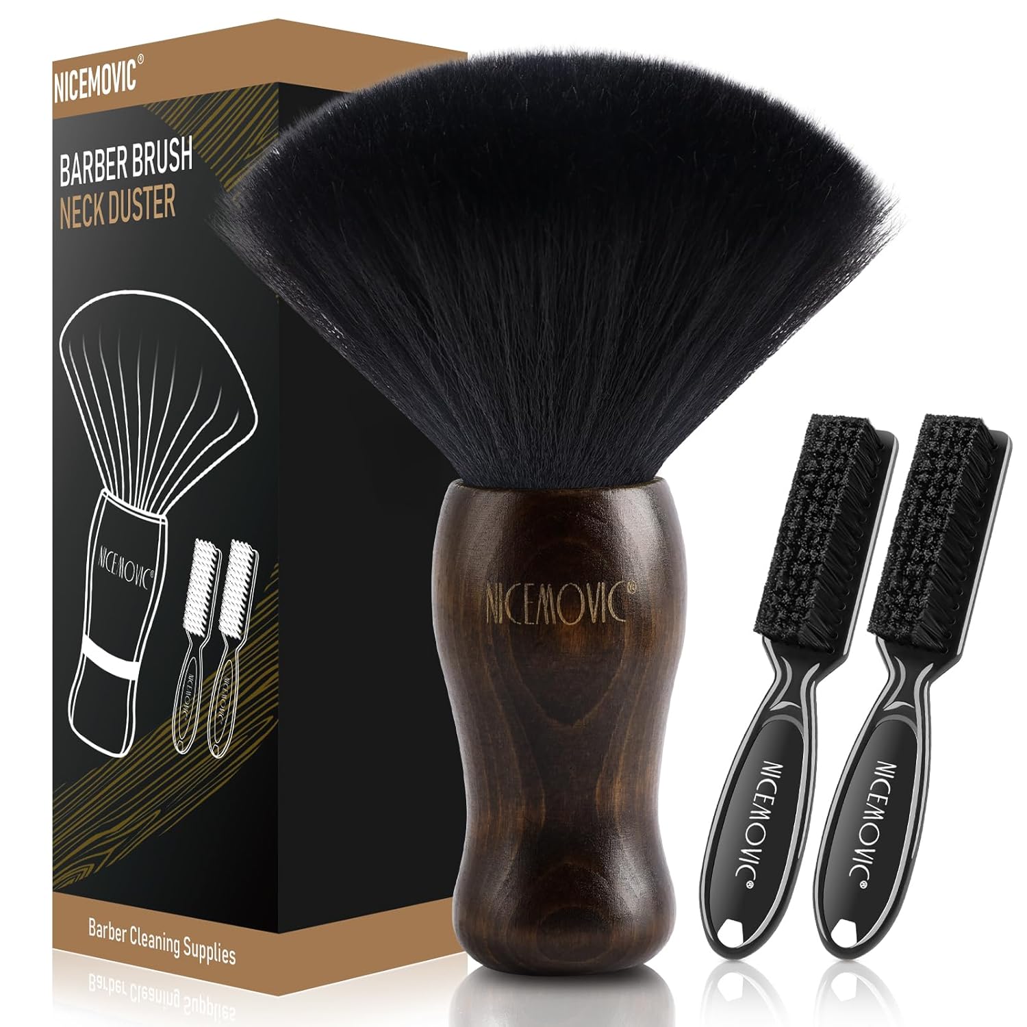 NICEMOVIC 3 IN 1 Barber Neck Duster Brush Set, Professional Barber Accessories Cleaning Supplies, Duster Nylon Brush Hair Cutting Styling Brush Tool (Brown&Black)