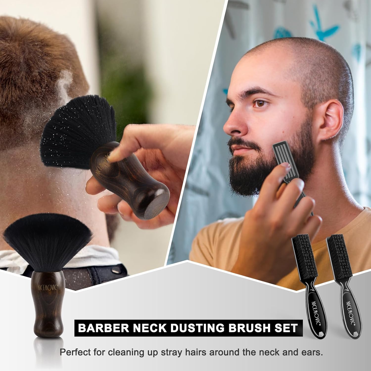NICEMOVIC 3 IN 1 Barber Neck Duster Brush Set, Professional Barber Accessories Cleaning Supplies, Duster Nylon Brush Hair Cutting Styling Brush Tool (Brown&Black)