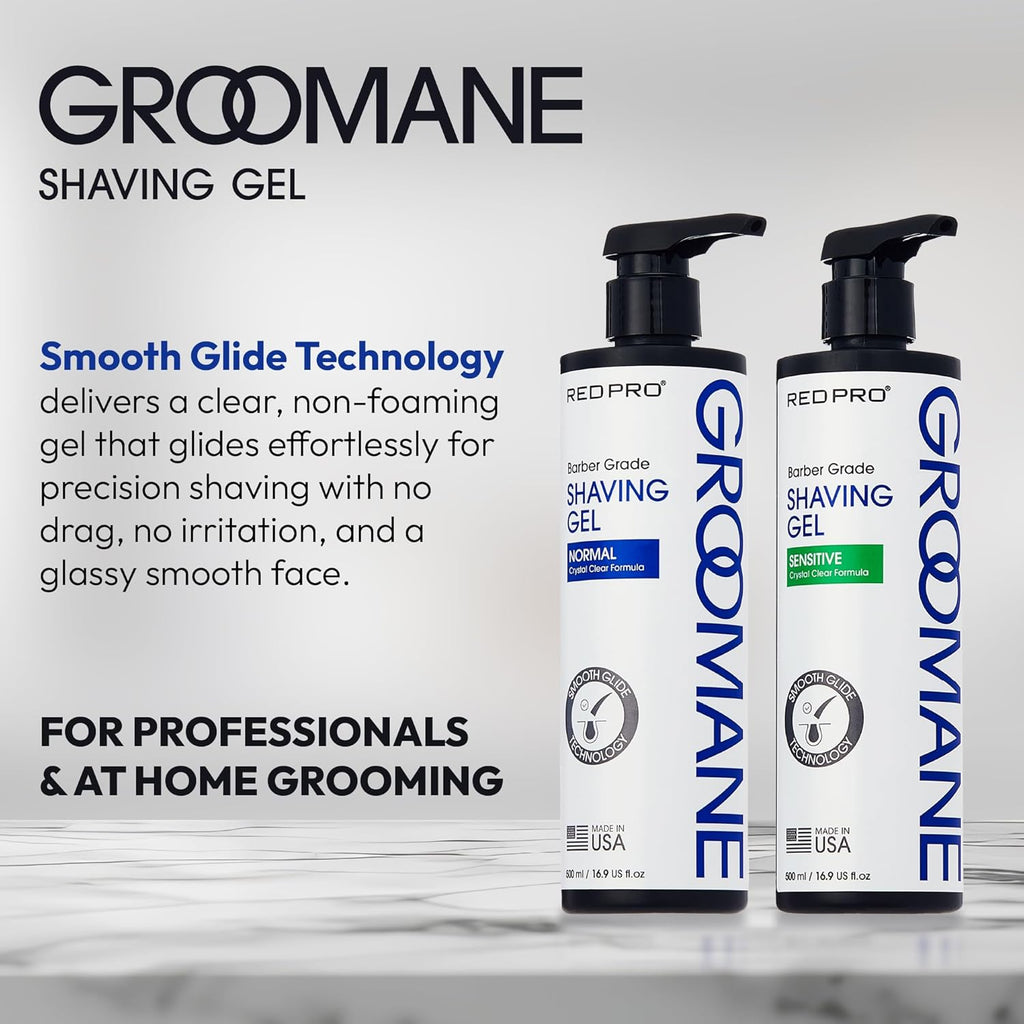 RED Pro GROOMANE Barber-Grade Shaving Gel for Men, Non-Foaming Clear Aloe Vera Shave Gel, Smooth Razor Glide, Precision Line-Ups, Anti-Irritation, Normal & Sensitive Skin (16.9 Fl.oz, Normal)