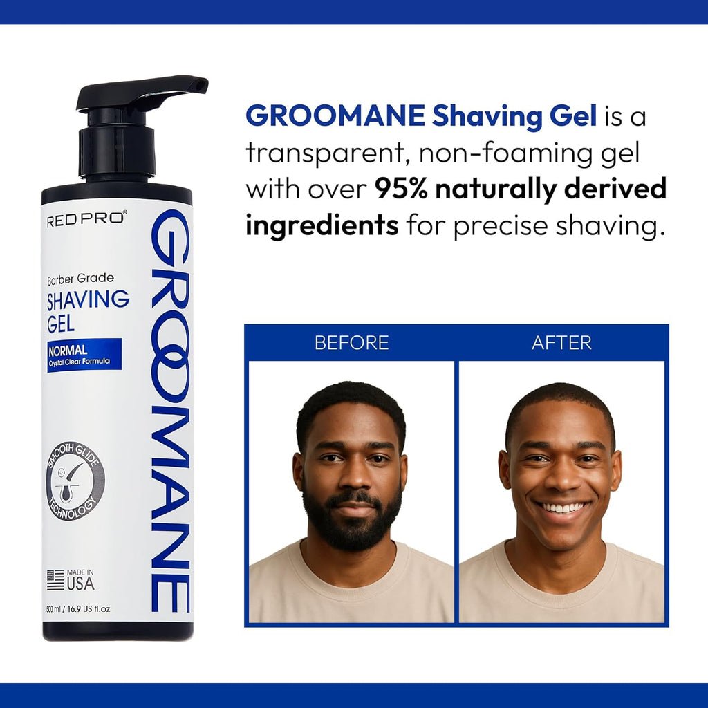 RED Pro GROOMANE Barber-Grade Shaving Gel for Men, Non-Foaming Clear Aloe Vera Shave Gel, Smooth Razor Glide, Precision Line-Ups, Anti-Irritation, Normal & Sensitive Skin (16.9 Fl.oz, Normal)