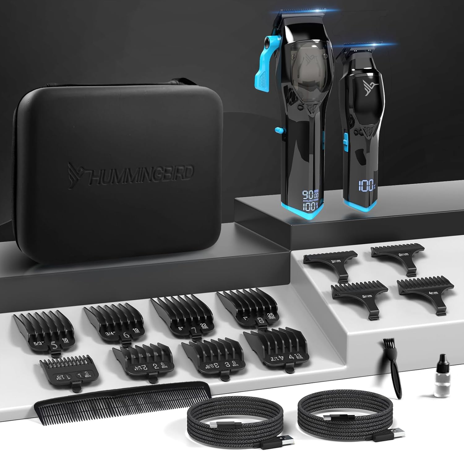 HUMMINGBIRD Pro Series Hair Clippers and Trimmer Set – 9,000 RPM Brushless Motor, DLC Blade, Zero-Gapped T-Blade Trimmer, Cordless USB-C Rechargeable, Super Torque, Carry Case, Professional Barber Kit