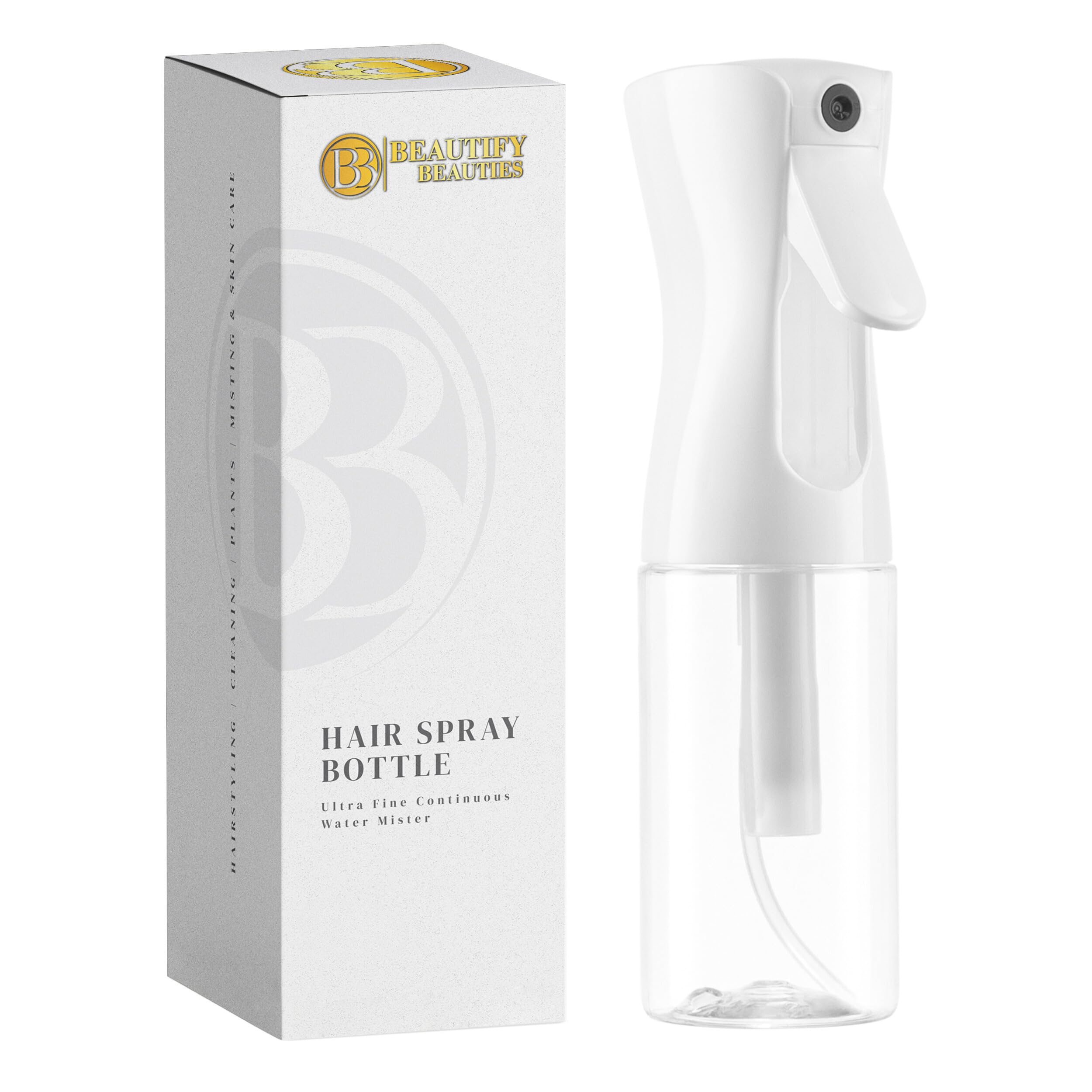 BeautifyBeauties Spray Bottle For Hair – Continuous Mister Spray Bottle for Hairstyling, Cleaning, Plants, Pets, Barbers, Salons, Essential Oil Scents (10.1 Ounce)