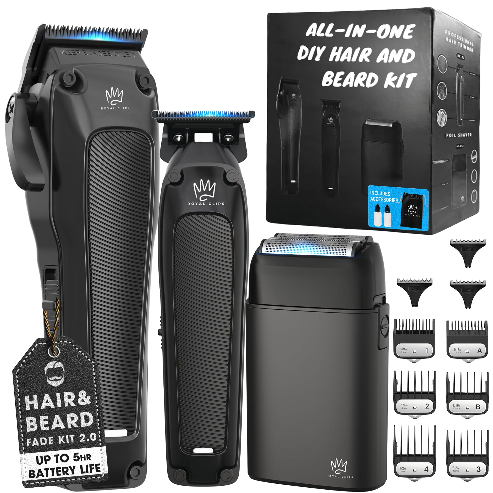 Royal Clips - Fade Kit 2.0 Clippers - 7000rpm Professional Hair Clippers for Men - Detachable DLC Fade Blade - Cordless & Rechargeable - Barber and Home Use - Anti-Slip Grips (Black)