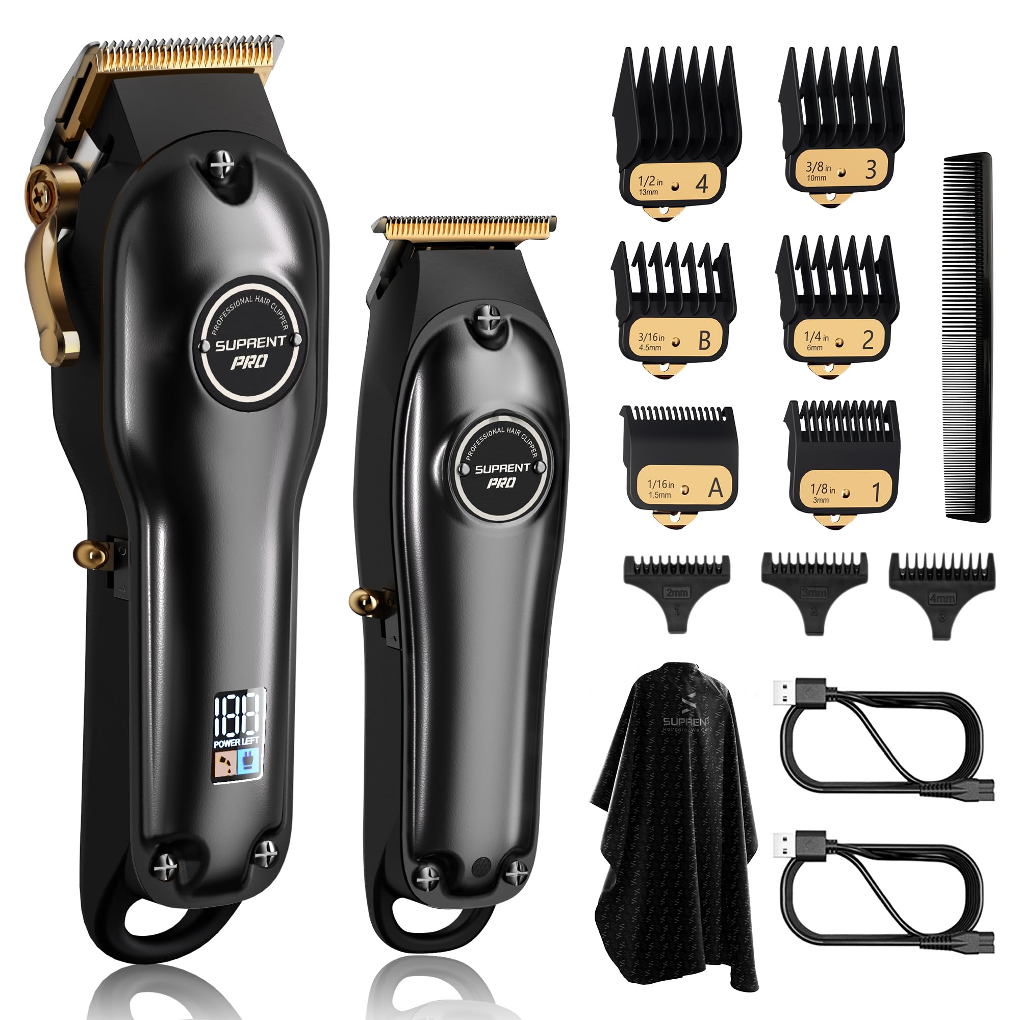 SUPRENT® PRO Professional Hair Clippers for Men- Hair Cutting Kit & Zero Gap T-Blade Trimmer Combo- Cordless Barber Clipper Set with LED Display for Mens Gifts (Silver)