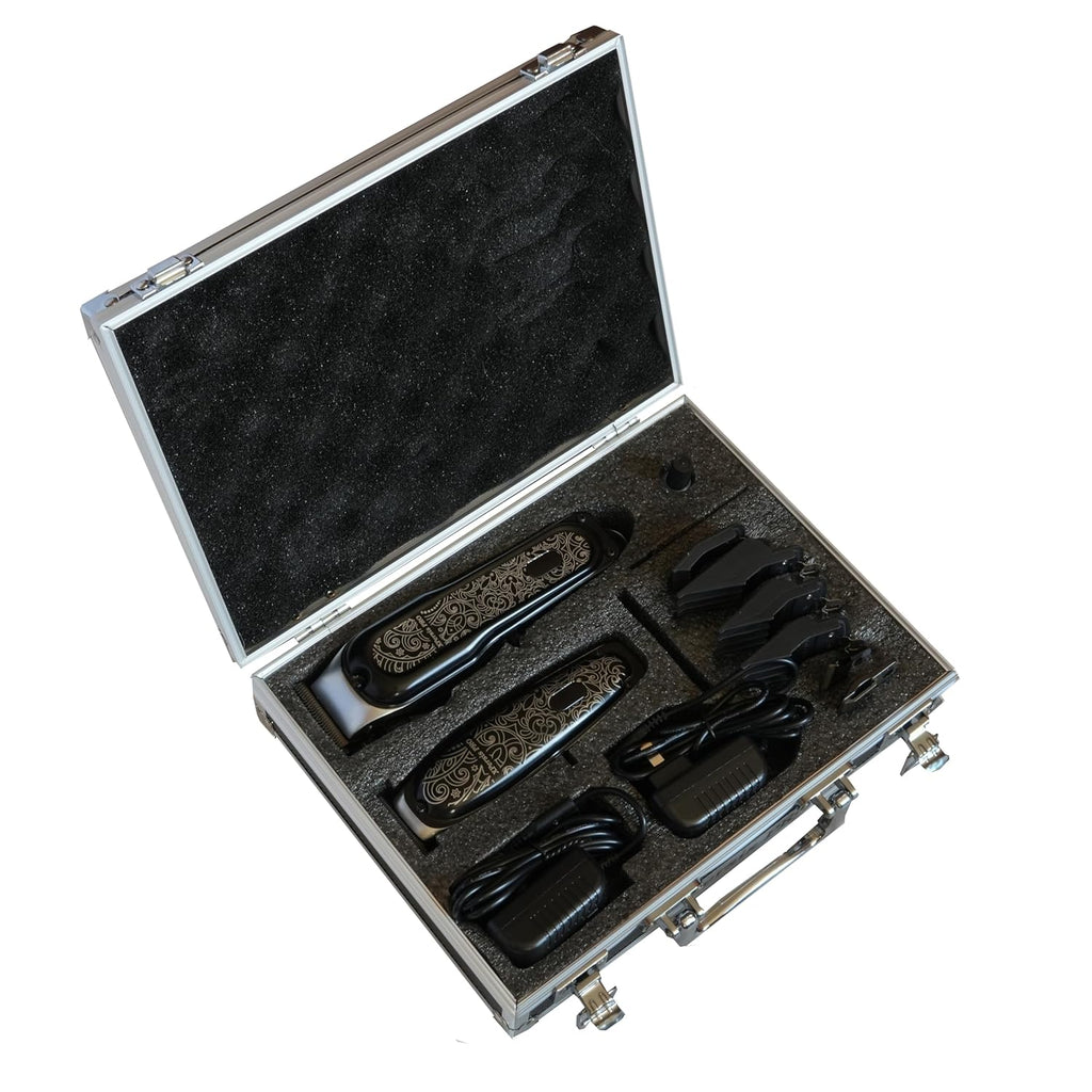 PRO X-1988 Combo Pack All Metal Quiet and Low Vibration Cordless Hair Clipper + Hair Trimmer Super Heavy Duty Barber & Stylist Pro Edition + Extra Blades + Extra 4 Clipper Guards (Black)