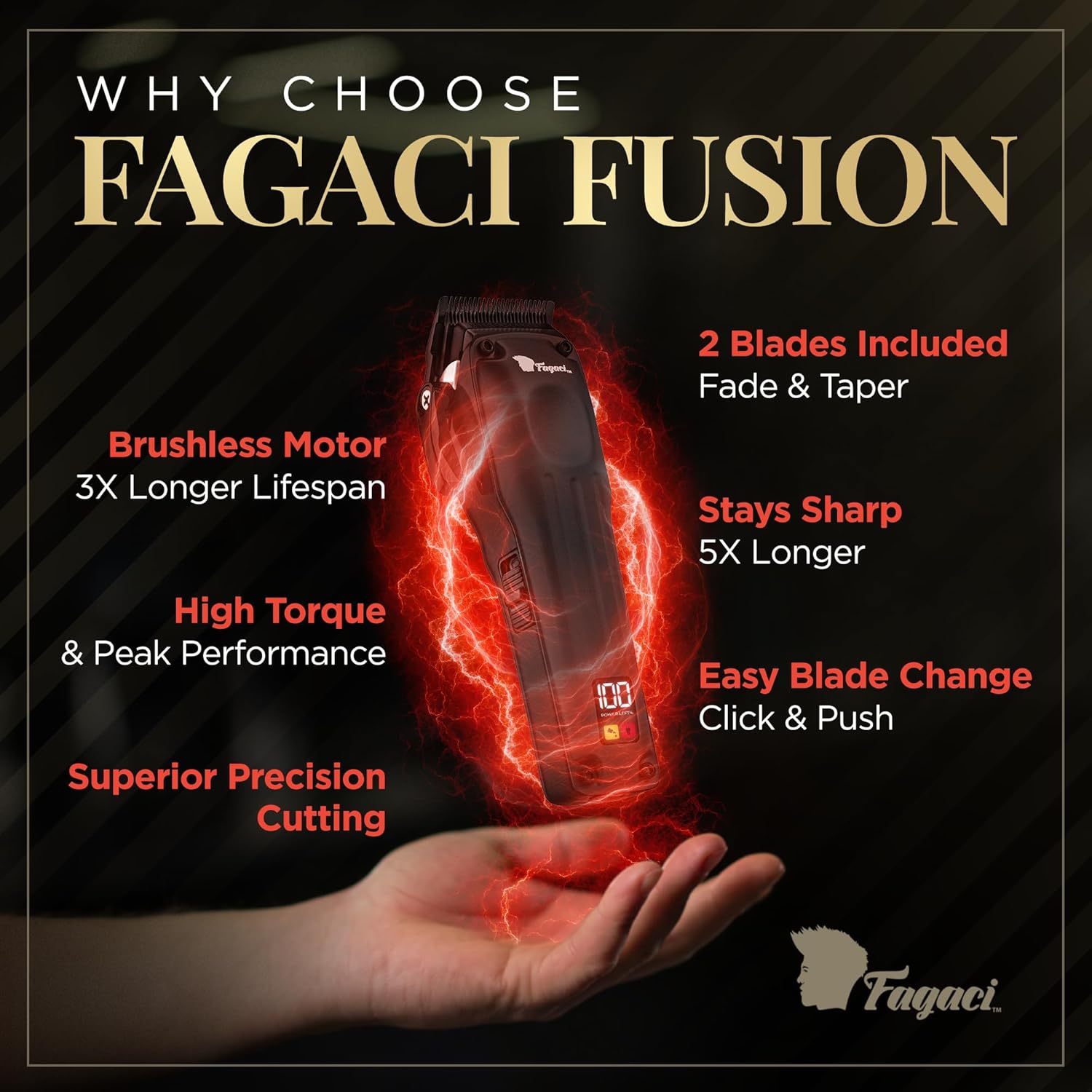 Fagaci Professional Hair Clippers for Men with Superior Precision, 5X Longer Sharpness Professional Barber Clippers Cordless with 2 Blades Fade & Taper, Brushless Motor Mens Hair Clipper Cordless Set