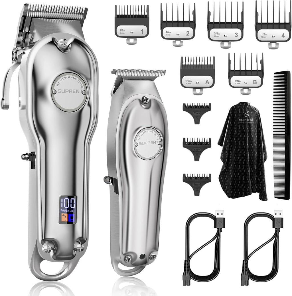 SUPRENT® PRO Professional Hair Clippers for Men- Hair Cutting Kit & Zero Gap T-Blade Trimmer Combo- Cordless Barber Clipper Set with LED Display for Mens Gifts (Silver)