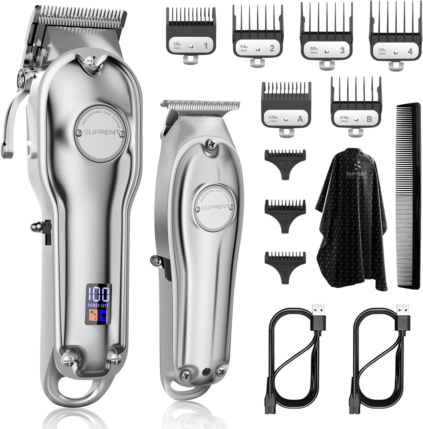 SUPRENT® PRO Professional Hair Clippers for Men- Hair Cutting Kit & Zero Gap T-Blade Trimmer Combo- Cordless Barber Clipper Set with LED Display for Mens Gifts (Silver)