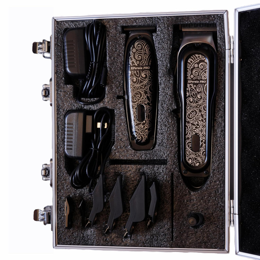 PRO X-1988 Combo Pack All Metal Quiet and Low Vibration Cordless Hair Clipper + Hair Trimmer Super Heavy Duty Barber & Stylist Pro Edition + Extra Blades + Extra 4 Clipper Guards (Black)